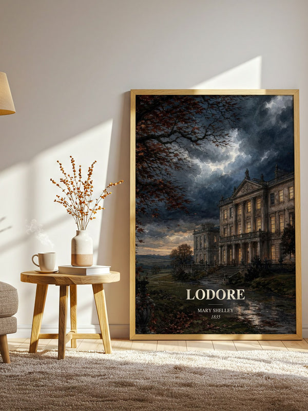 Lodore watercolour print in frame leaning in hallway – historical fiction wall art