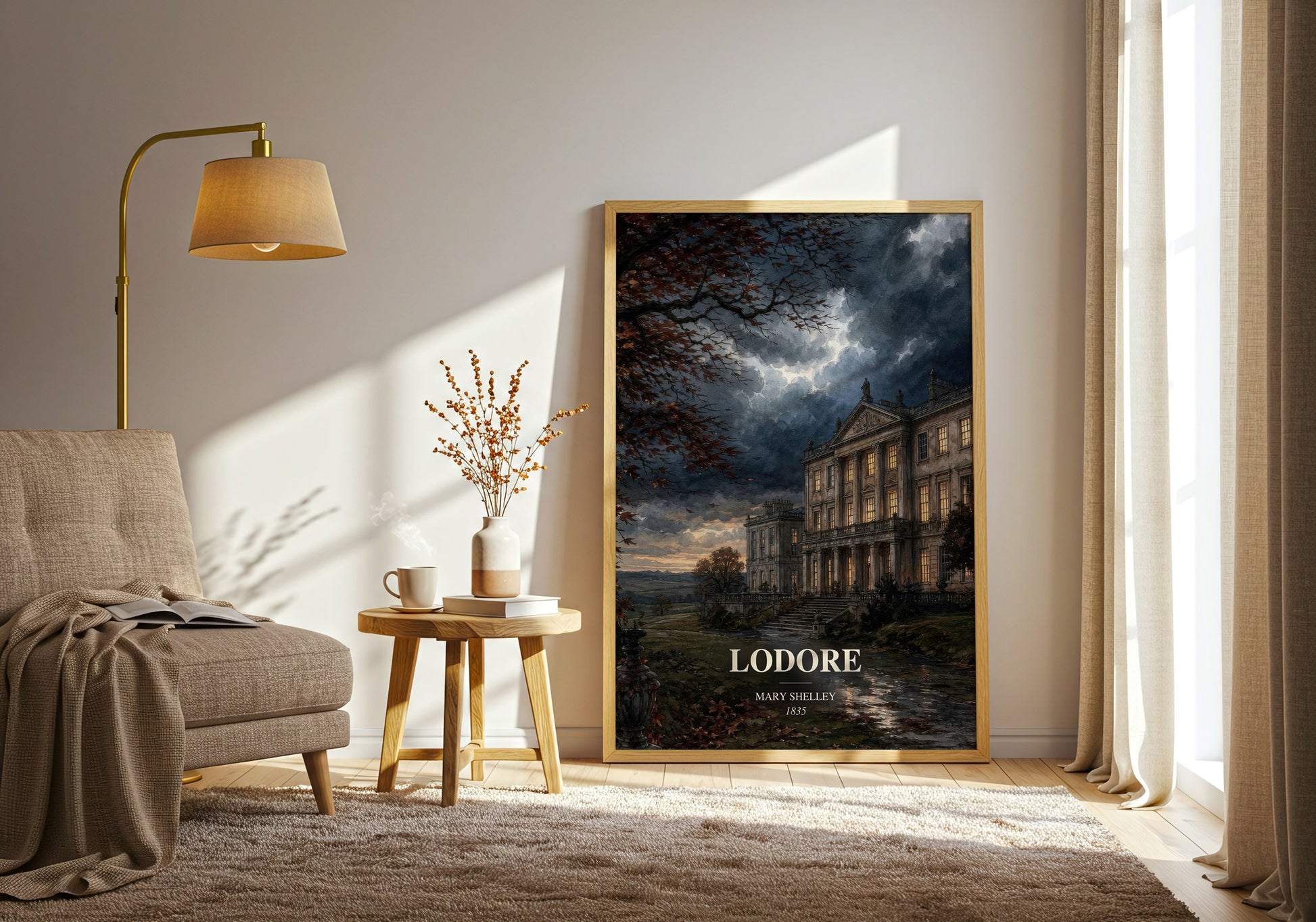 Lodore watercolour print in frame leaning in hallway – historical fiction wall art