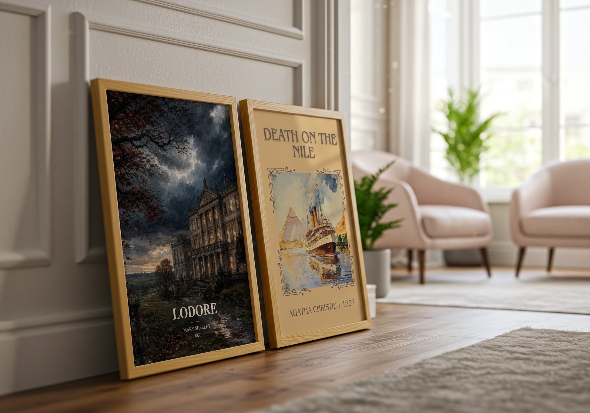 Lodore watercolour print framed by window – literary home decor