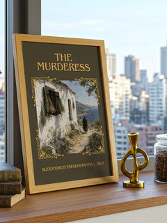 The Murderess Classic Book Art Print by Alexandros Papadiamantis – framed print on a city-view windowsill