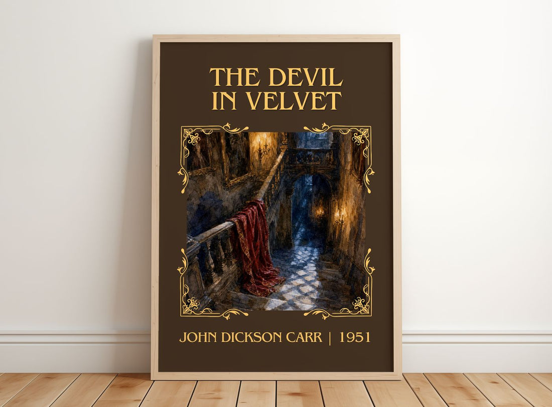 The Devil In Velvet Classic Book Art Print by John Dickson Carr – framed print leaning on a wooden floor