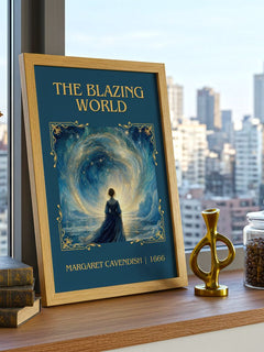 The Blazing World Classic Book Art Print by Margaret Cavendish – framed print on a city-view windowsill