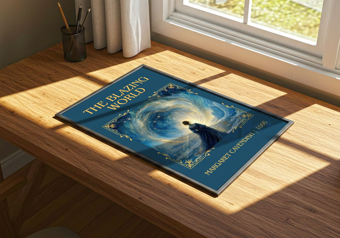 The Blazing World Classic Book Art Print by Margaret Cavendish – print on a sunlit desk