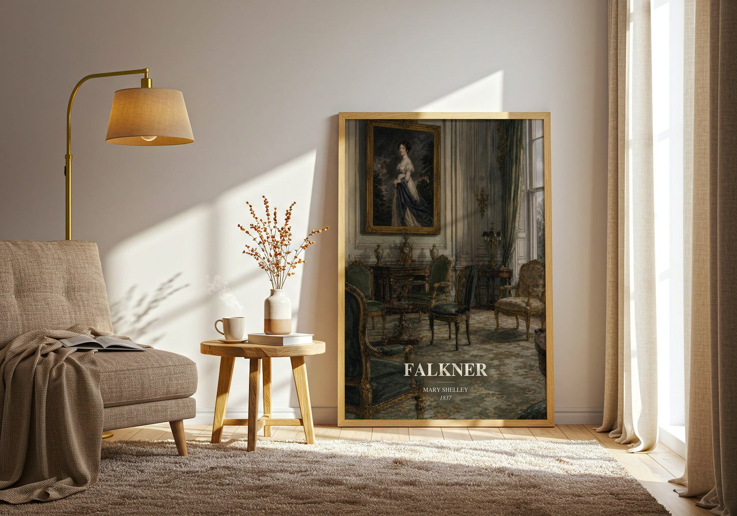 Falkner watercolour print in frame leaning in hallway – gothic wall art