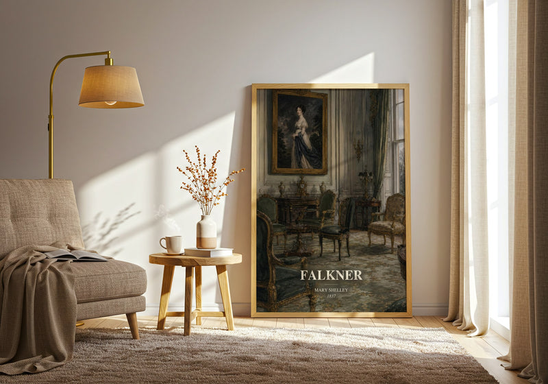 Falkner watercolour print in frame leaning in hallway – gothic wall art