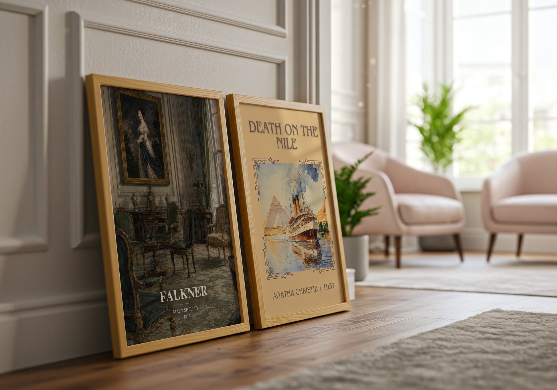 Falkner watercolour print framed by window – literary home decor