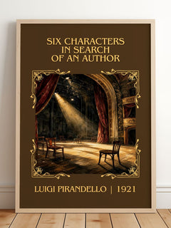 Six Characters in Search of an Author Classic Book Art Print by Luigi Pirandello – framed print leaning on a wooden floor