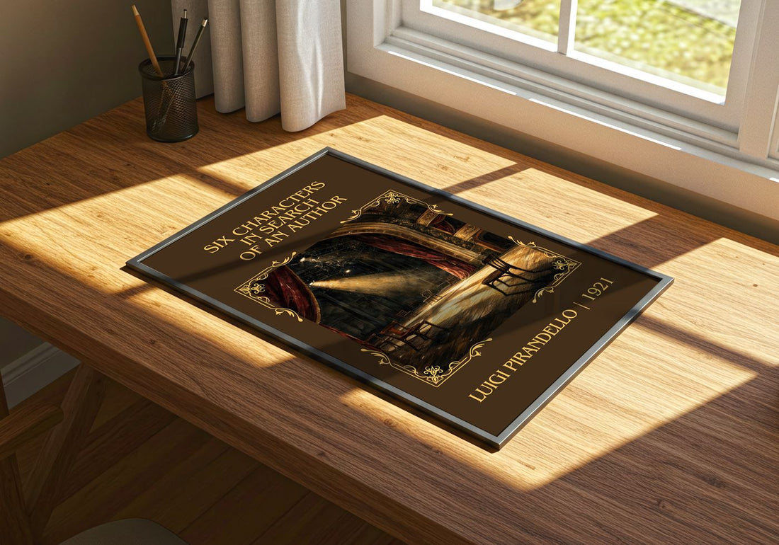 Six Characters in Search of an Author Classic Book Art Print by Luigi Pirandello – print on a sunlit desk