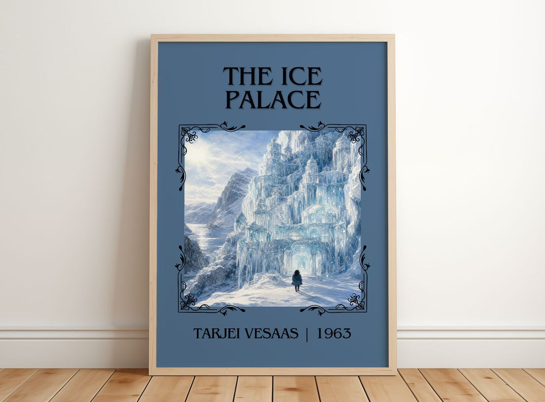 The Ice Palace Classic Book Art Print by Tarjei Vesaas – framed print leaning on a wooden floor