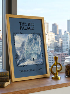 The Ice Palace Classic Book Art Print by Tarjei Vesaas – framed print on a city-view windowsill