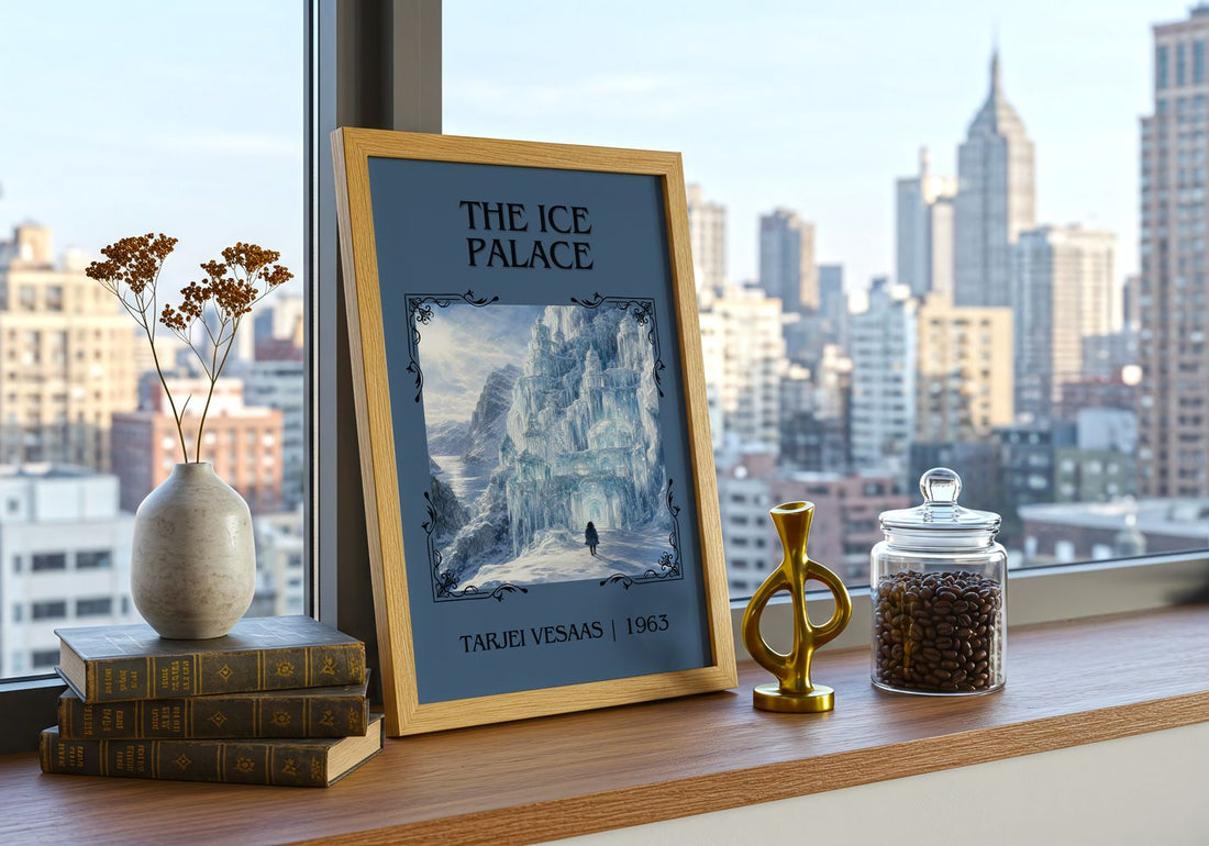 The Ice Palace Classic Book Art Print by Tarjei Vesaas – framed print on a city-view windowsill