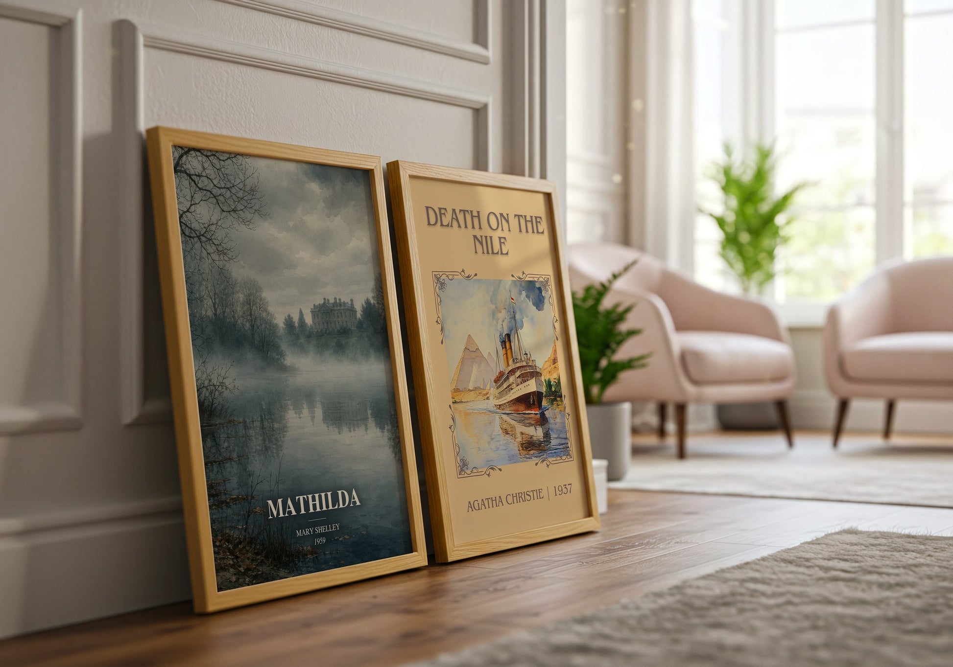 Mathilda watercolour print framed by window – literary home decor