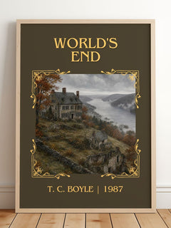 World's End Classic Book Art Print by T. C. Boyle – framed print leaning on a wooden floor