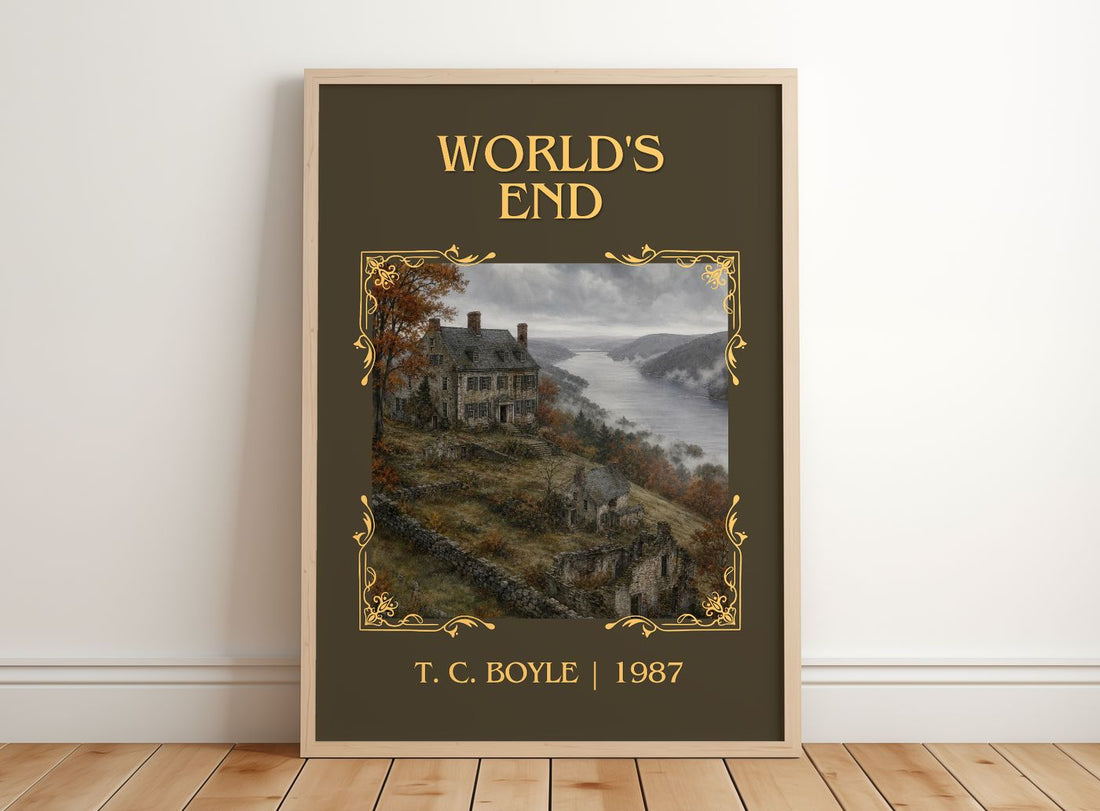 World's End Classic Book Art Print by T. C. Boyle – framed print leaning on a wooden floor