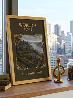World's End Classic Book Art Print by T. C. Boyle – framed print on a city-view windowsill