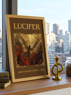 Lucifer Classic Book Art Print by Joost van den Vondel – framed print on a city-view windowsill