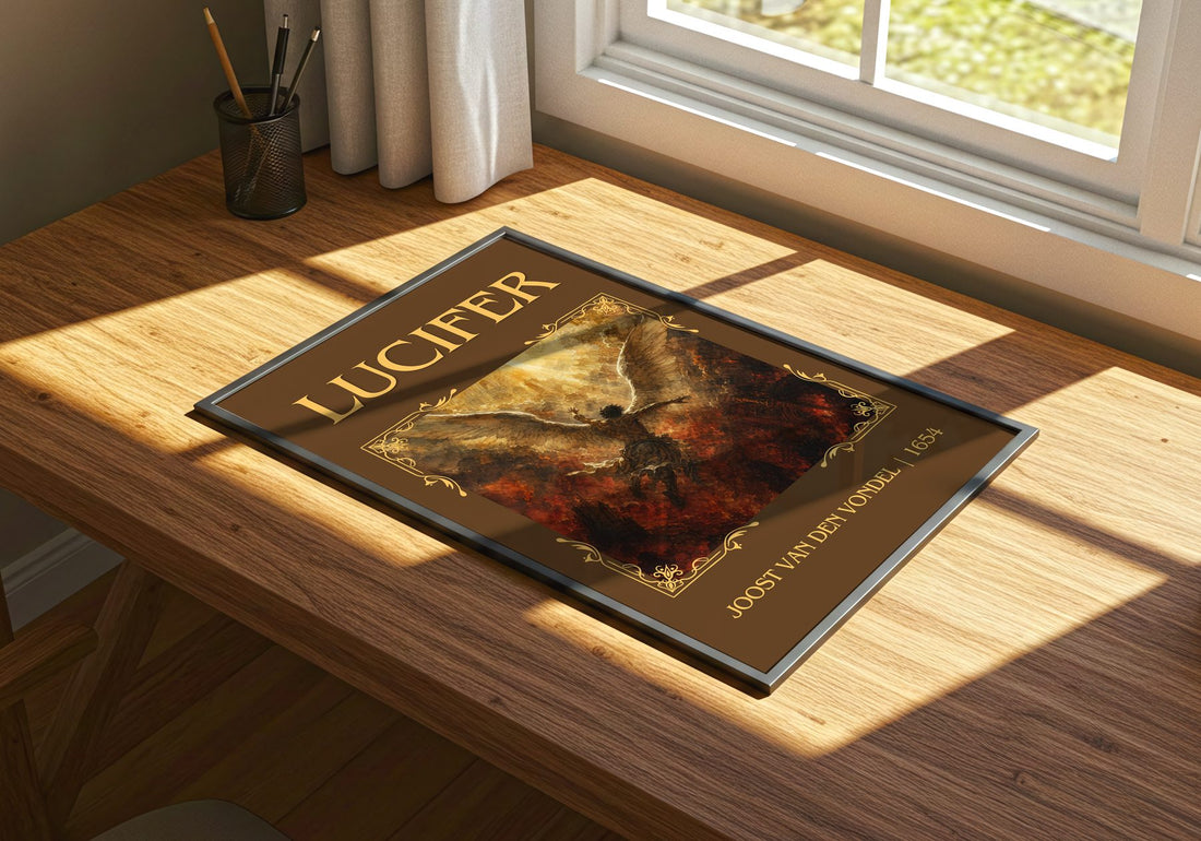 Lucifer Classic Book Art Print by Joost van den Vondel – print on a sunlit desk