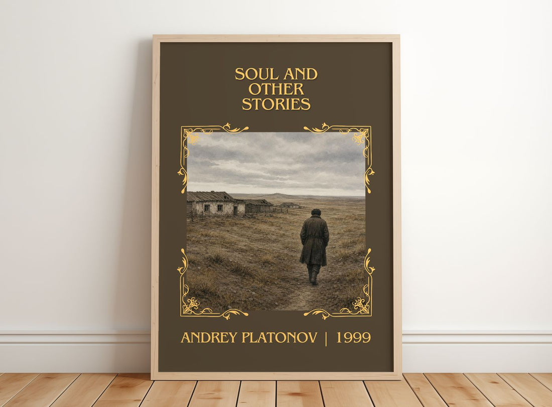 Soul and Other Stories Classic Book Art Print by Andrey Platonov – framed print leaning on a wooden floor