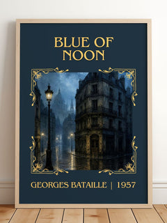 Blue of Noon Classic Book Art Print by Georges Bataille – framed print leaning on a wooden floor