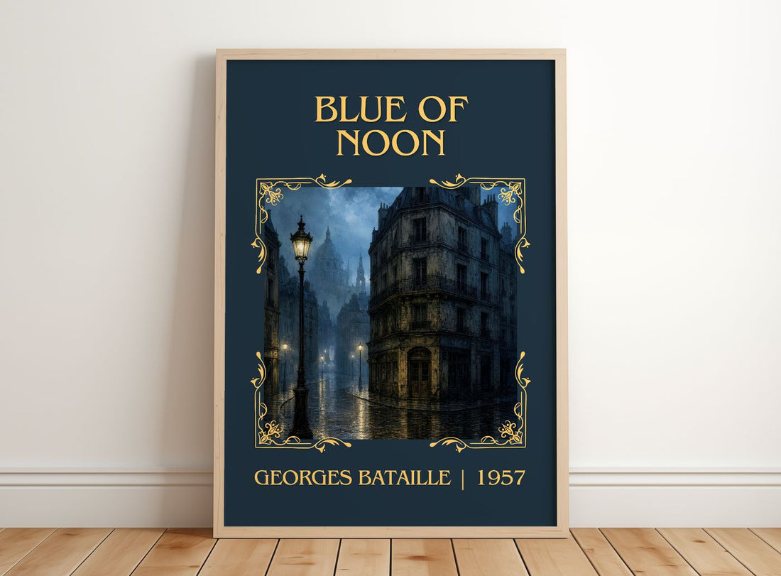 Blue of Noon Classic Book Art Print by Georges Bataille – framed print leaning on a wooden floor