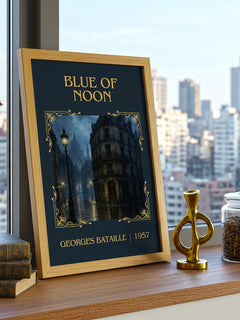 Blue of Noon Classic Book Art Print by Georges Bataille – framed print on a city-view windowsill