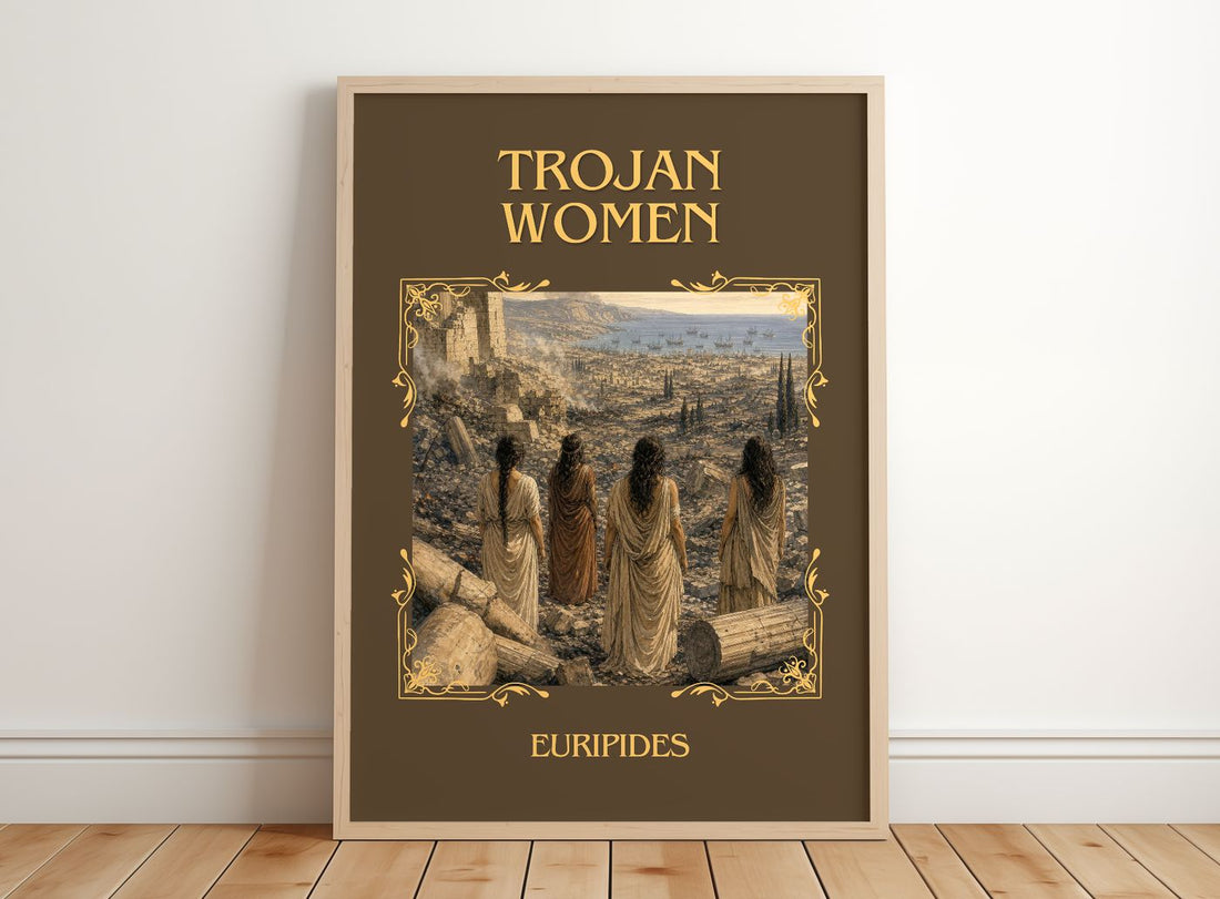 Trojan Women Classic Book Art Print by Euripides – framed print leaning on a wooden floor