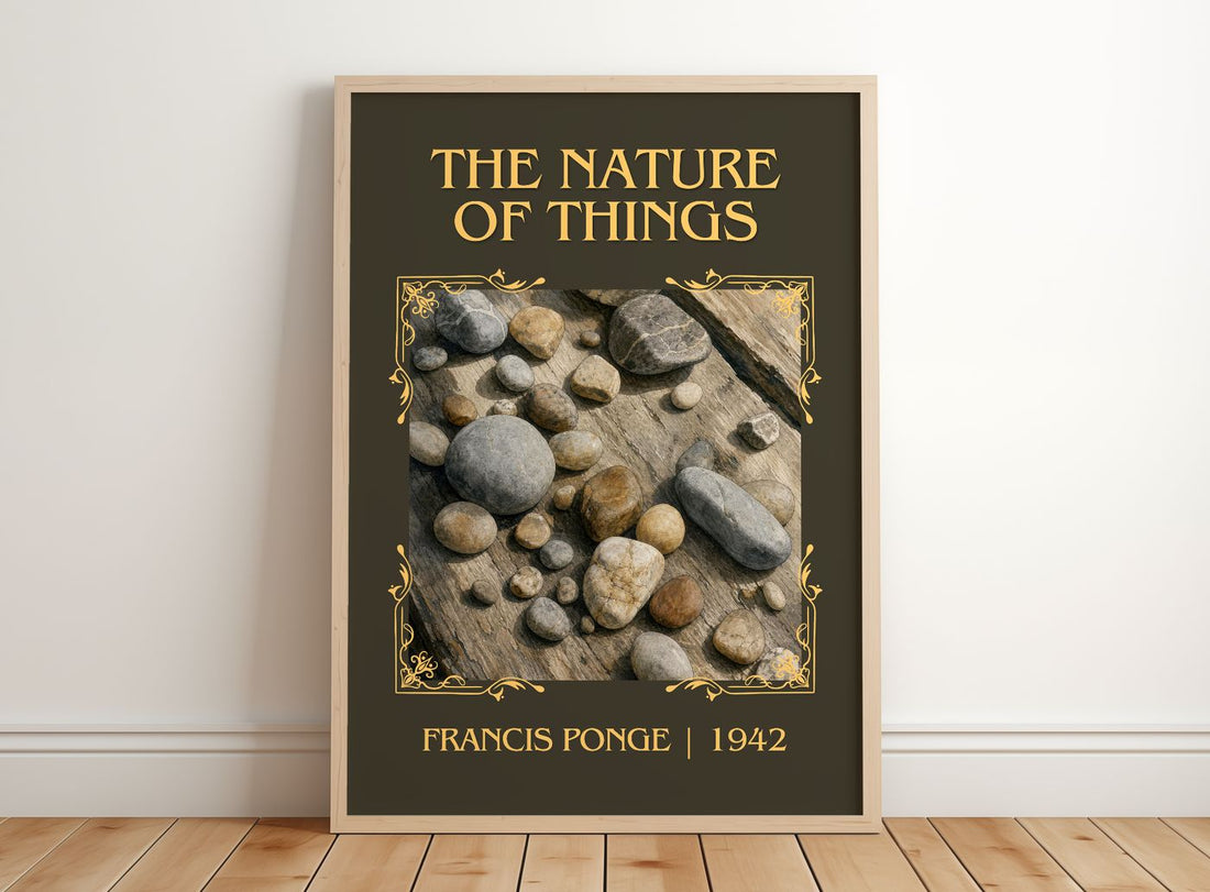 The Nature of Things Classic Book Art Print by Francis Ponge – framed print leaning on a wooden floor