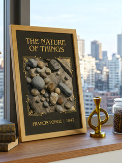 The Nature of Things Classic Book Art Print by Francis Ponge – framed print on a city-view windowsill