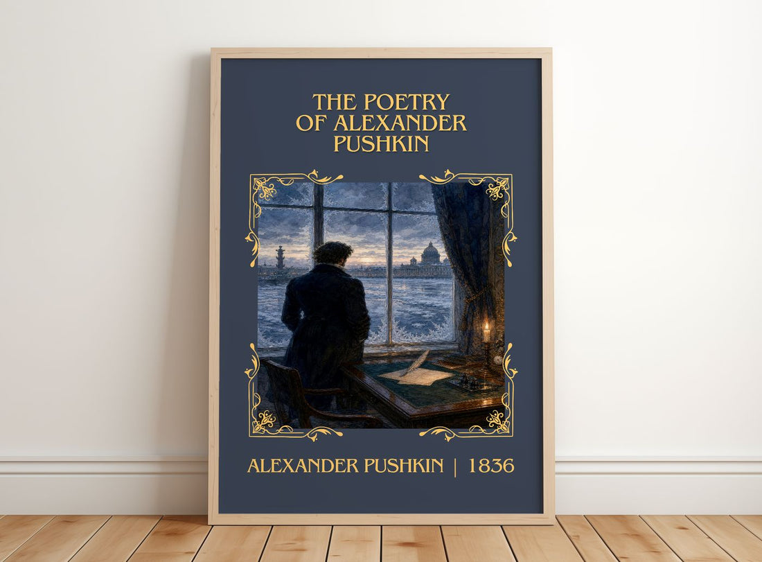 Poetry of Alexander Pushkin Classic Book Art Print by A. Pushkin – framed print leaning on a wooden floor