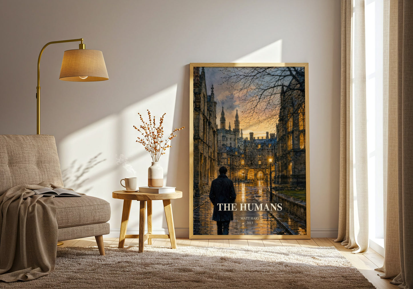 The Humans watercolour print in frame leaning in hallway – sci fi wall art