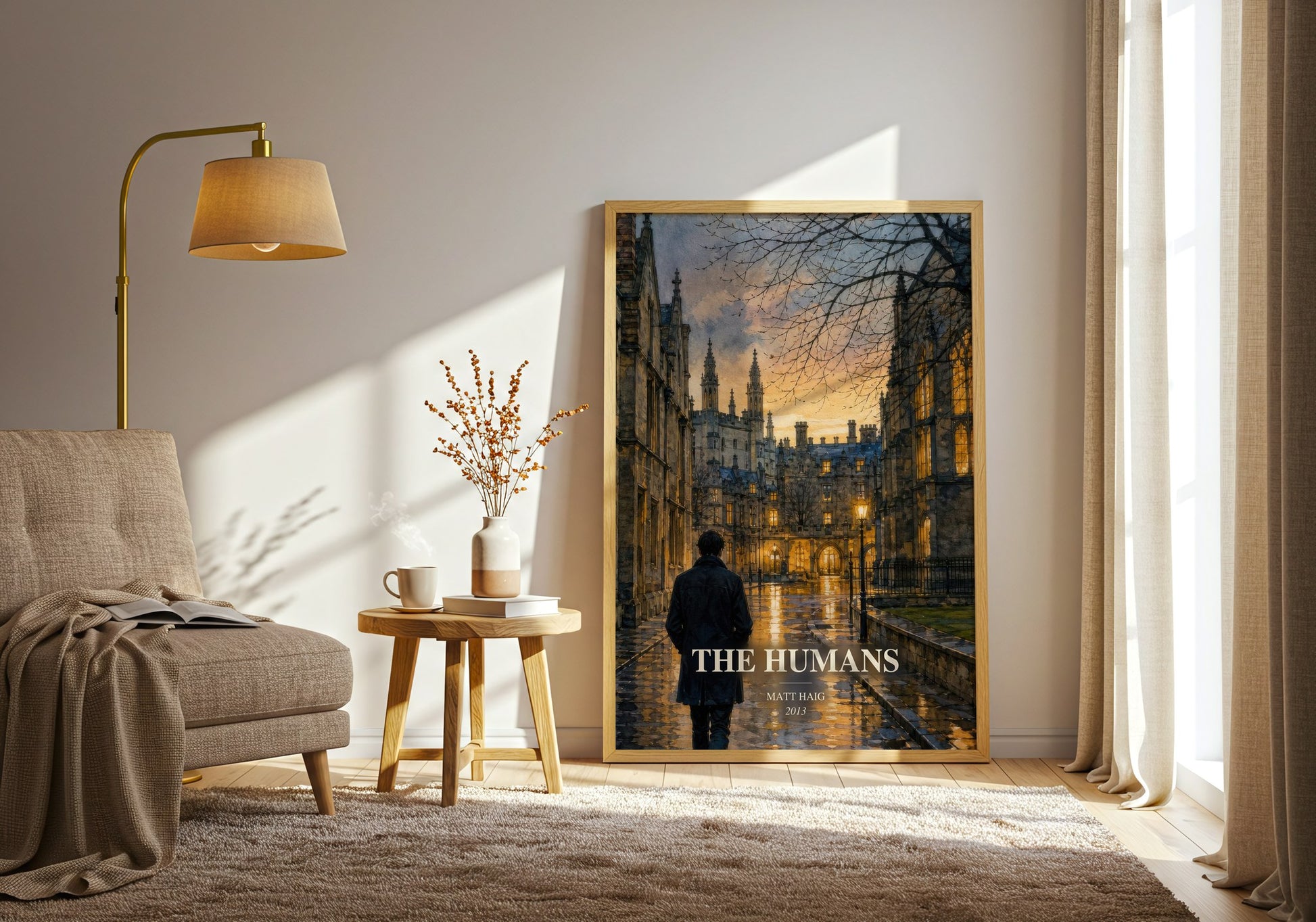 The Humans watercolour print in frame leaning in hallway – sci fi wall art