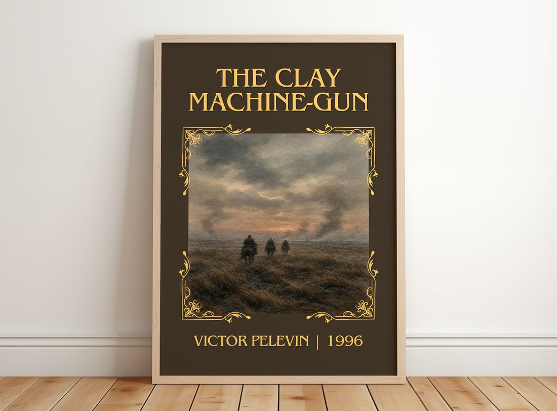 The Clay Machine-gun Classic Book Art Print by Victor Pelevin – framed print leaning on a wooden floor