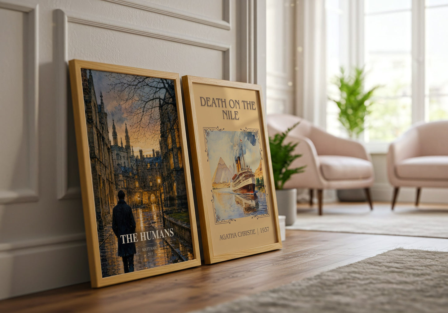 The Humans watercolour print framed by window – literary home decor