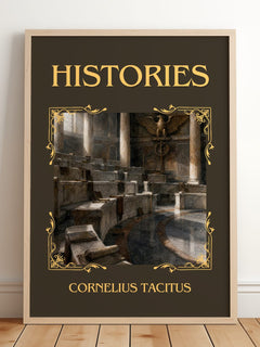 Histories Classic Book Art Print by Cornelius Tacitus – framed print leaning on a wooden floor