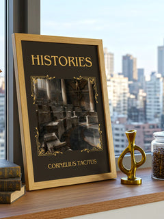 Histories Classic Book Art Print by Cornelius Tacitus – framed print on a city-view windowsill