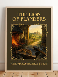 The Lion of Flanders Classic Book Art Print by Hendrik Conscience – framed print leaning on a wooden floor
