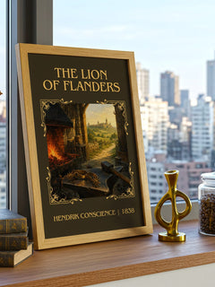 The Lion of Flanders Classic Book Art Print by Hendrik Conscience – framed print on a city-view windowsill