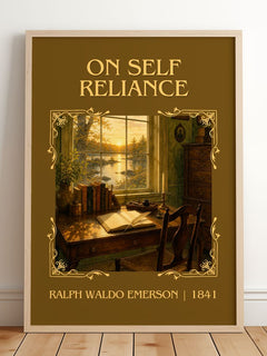 On Self Reliance Classic Book Art Print by Ralph Waldo Emerson – framed print leaning on a wooden floor
