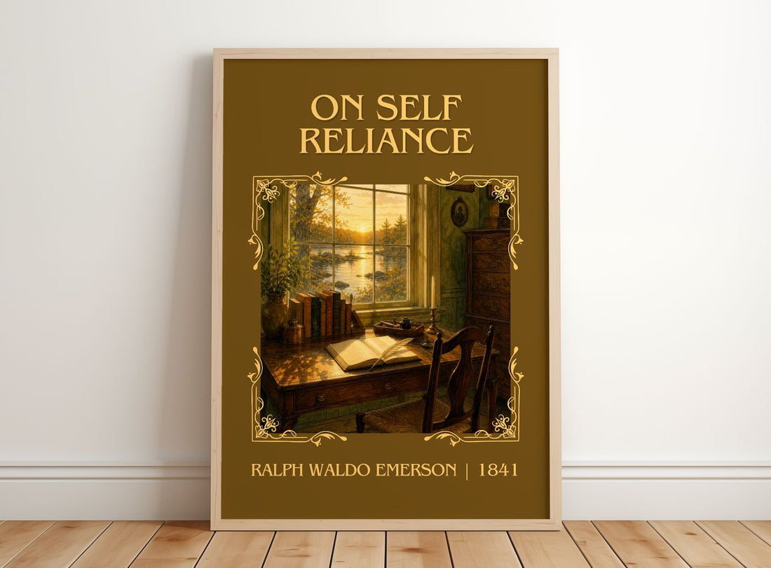 On Self Reliance Classic Book Art Print by Ralph Waldo Emerson – framed print leaning on a wooden floor