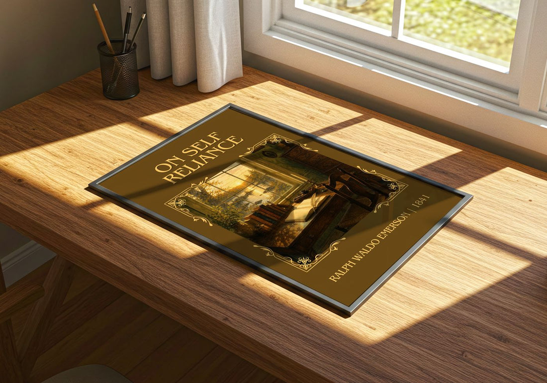 On Self Reliance Classic Book Art Print by Ralph Waldo Emerson – print on a sunlit desk