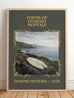 Poems of Eugenio Montale Classic Book Art Print by Eugenio Montale – framed print leaning on a wooden floor