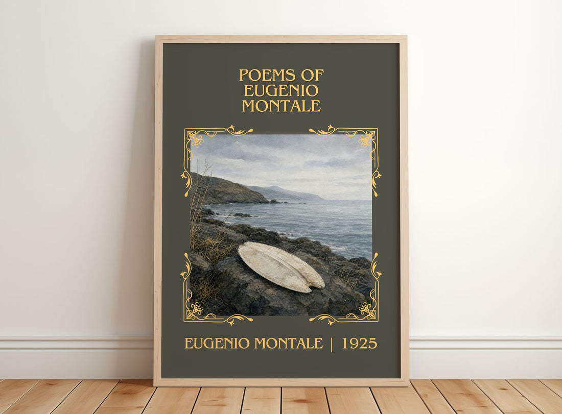 Poems of Eugenio Montale Classic Book Art Print by Eugenio Montale – framed print leaning on a wooden floor