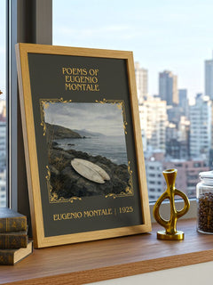 Poems of Eugenio Montale Classic Book Art Print by Eugenio Montale – framed print on a city-view windowsill