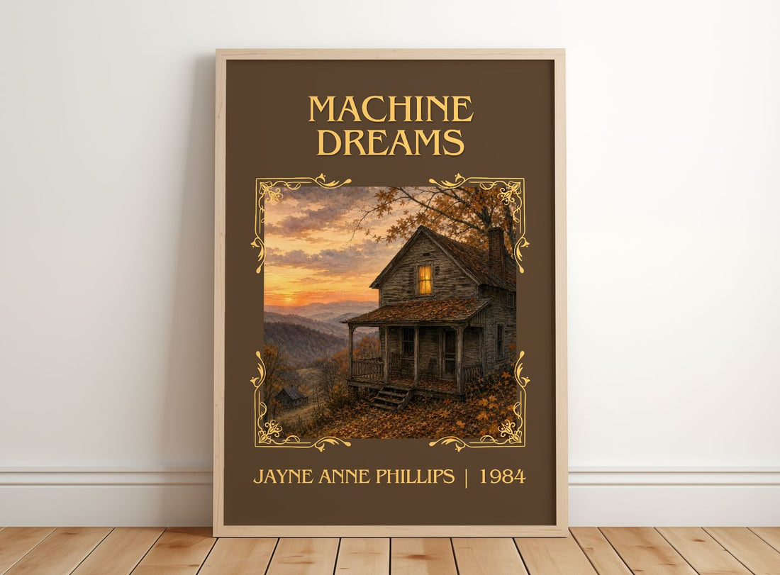 Machine Dreams Classic Book Art Print by Jayne Anne Phillips – framed print leaning on a wooden floor