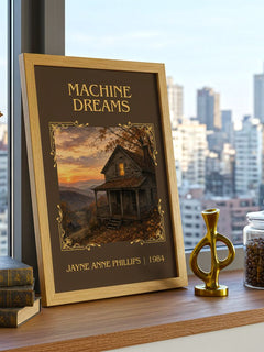 Machine Dreams Classic Book Art Print by Jayne Anne Phillips – framed print on a city-view windowsill