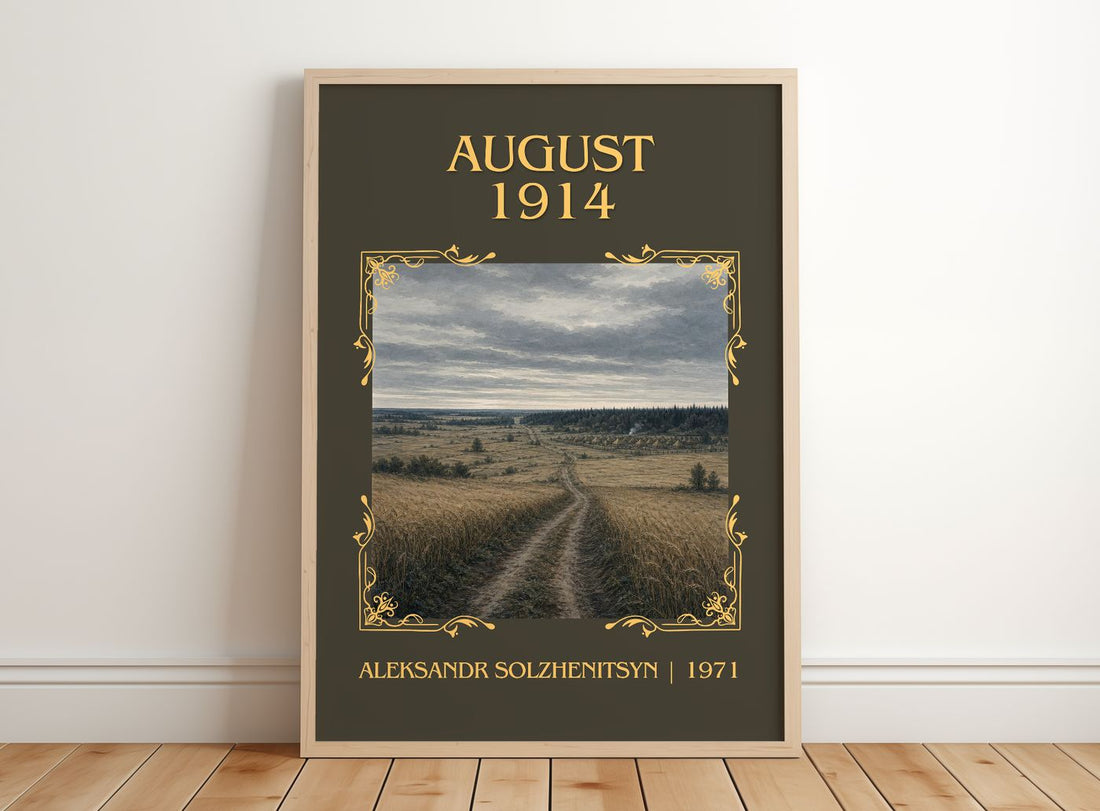 August 1914 Classic Book Art Print by Aleksandr Solzhenitsyn – framed print leaning on a wooden floor