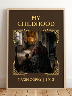 My Childhood Classic Book Art Print by Maxim Gorky – framed print leaning on a wooden floor