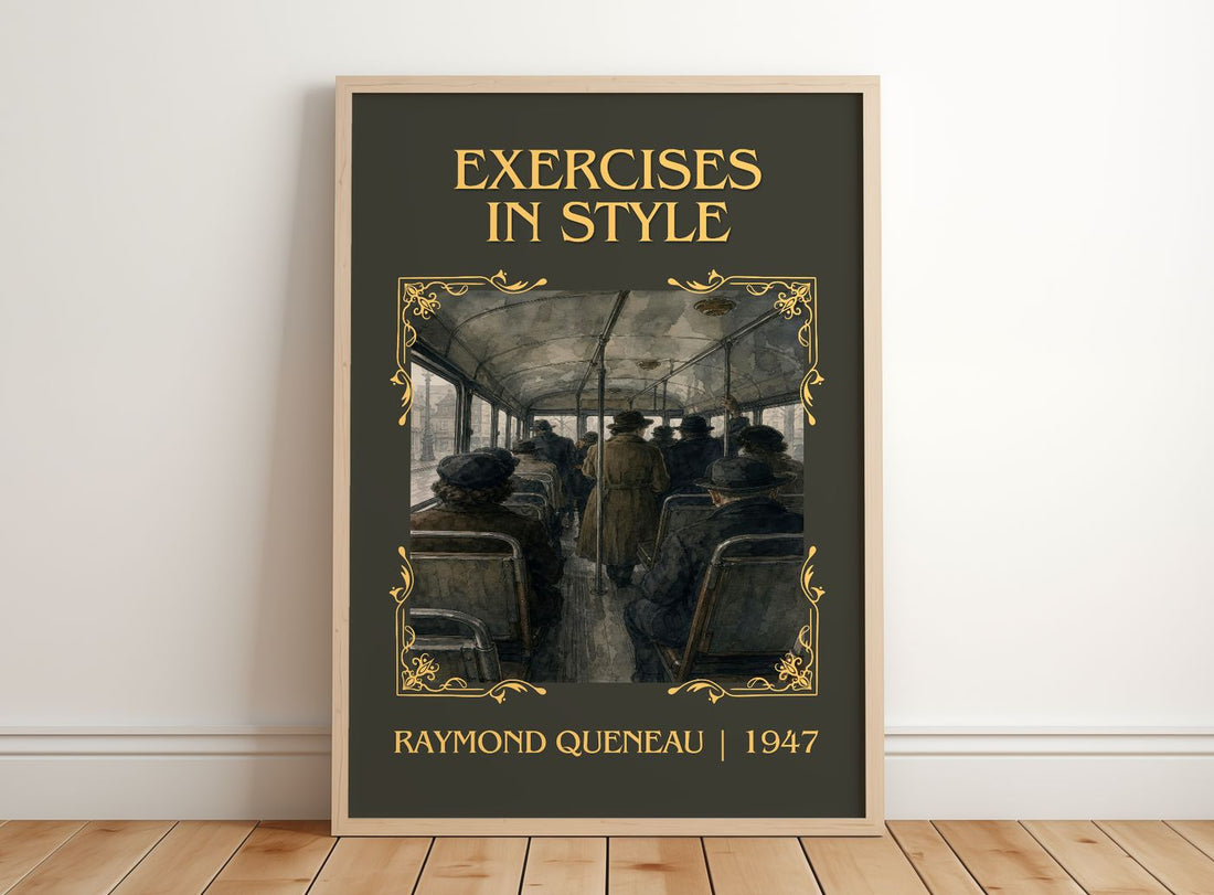 Exercises in Style Classic Book Art Print by Raymond Queneau – framed print leaning on a wooden floor
