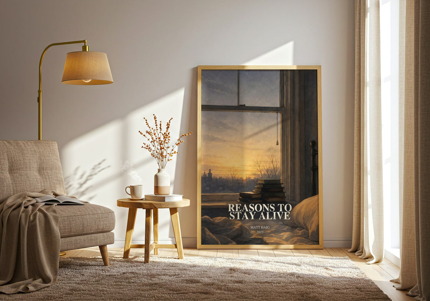Reasons To Stay Alive watercolour print in frame leaning in hallway – memoir wall art