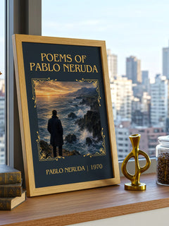 Poems of Pablo Neruda Classic Book Art Print by Pablo Neruda – framed print on a city-view windowsill